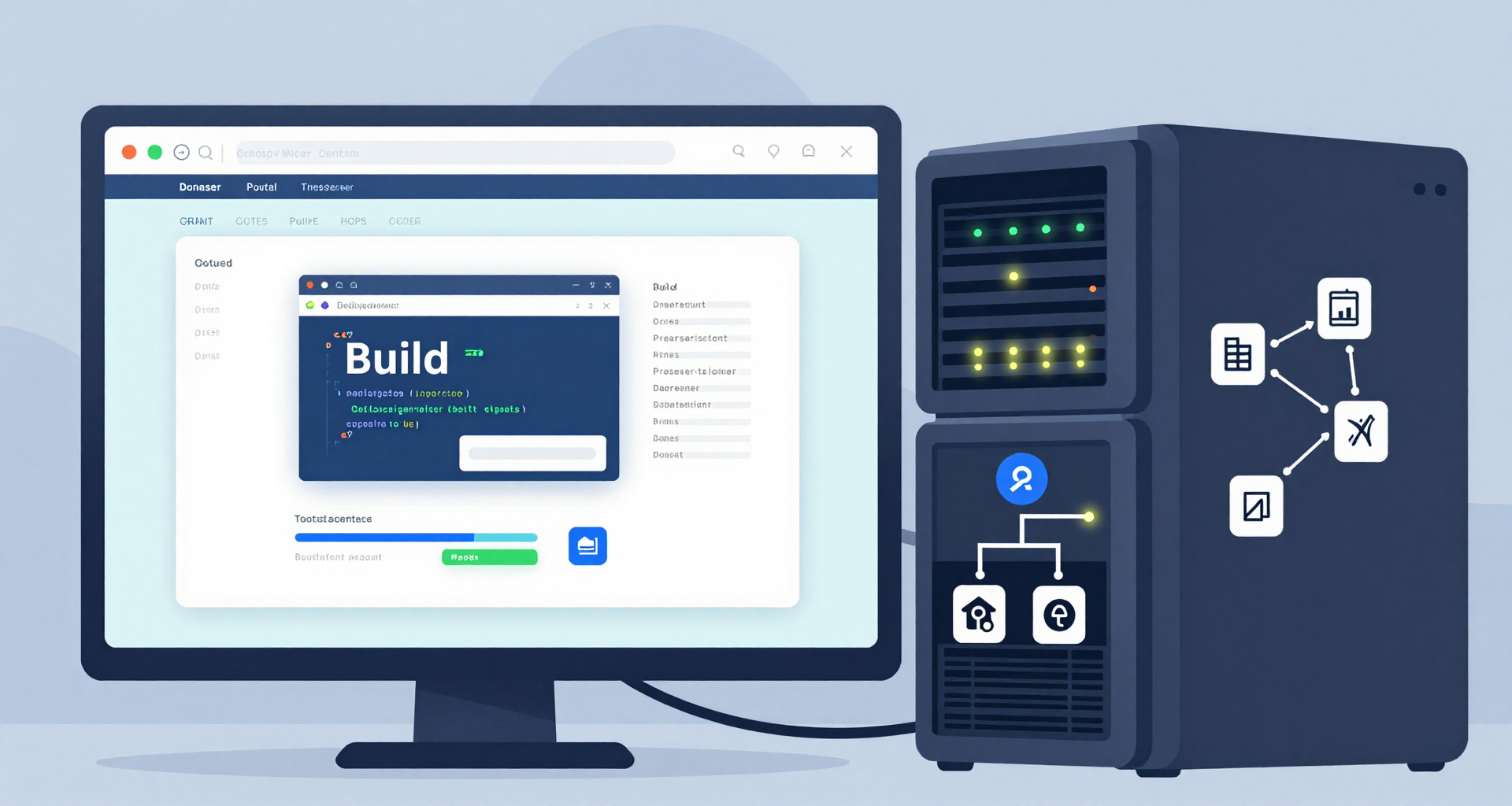 server with a build on screen with blinking lights