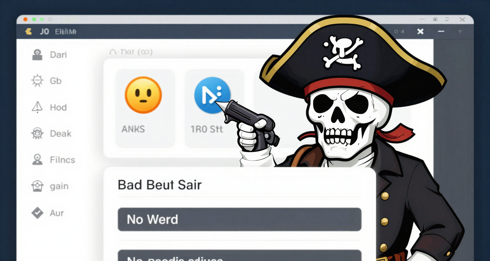 I Pirate standing next to a bad ui mess of a no-code website