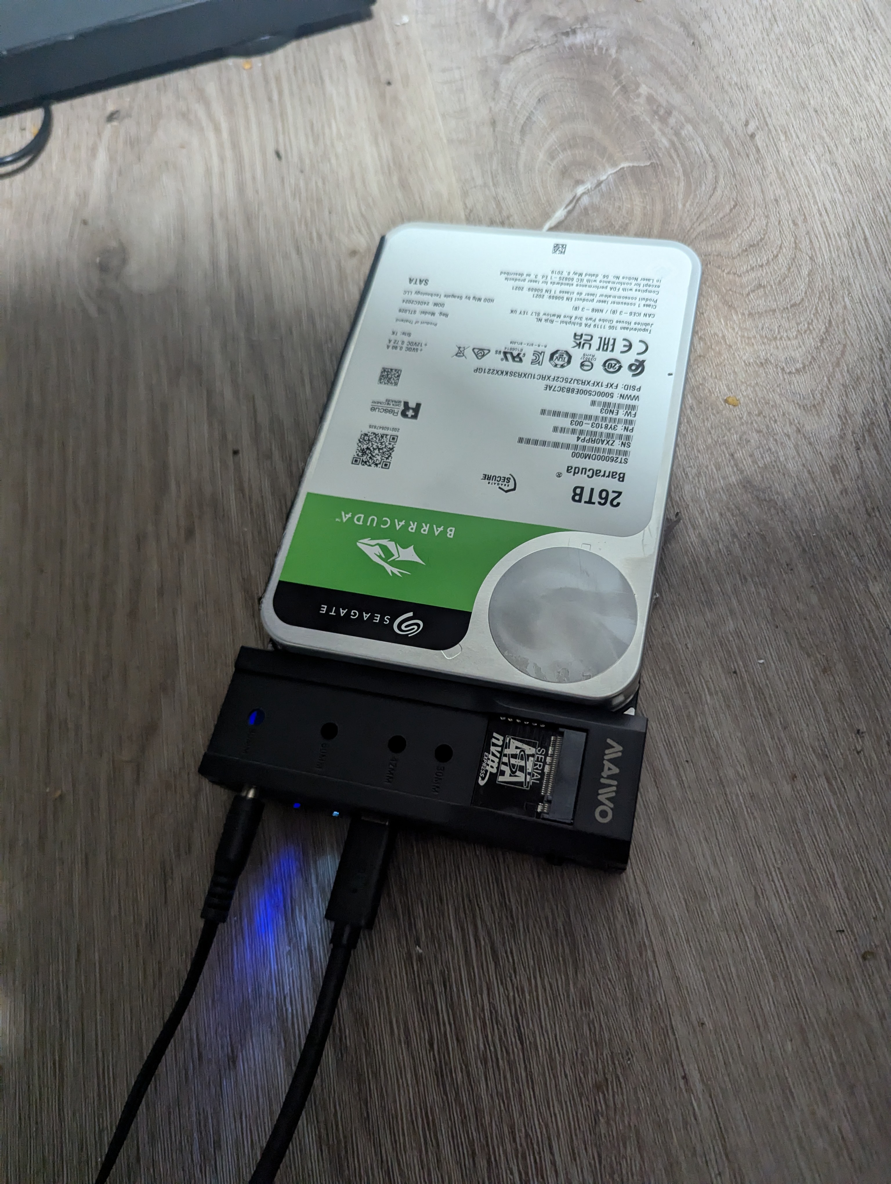 seagate shucked hard disk connected to an adapter